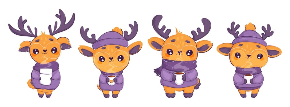 A set of four cute deer in warm clothes holding hot drinks. Kawaii little deer in glasses with a hot cup of cocoa. Cartoon style, orange and purple colors.