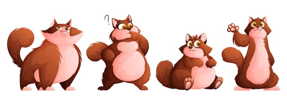 A set of four cute plump brown cats. Funny well-fed cat posing.