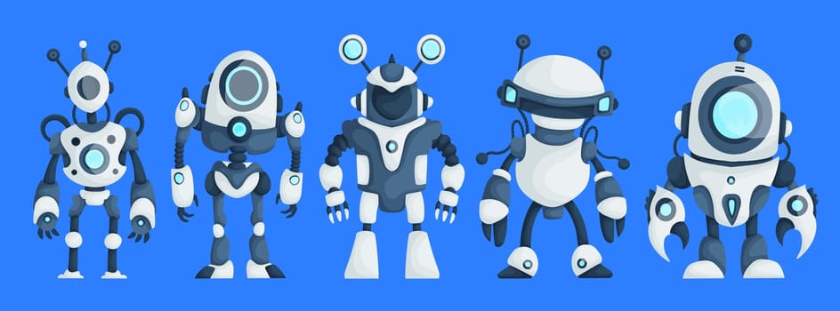 Big Set of Modern Robots Isolated on Blue Background Cute Character Cartoon Artificial Intelligence Concept