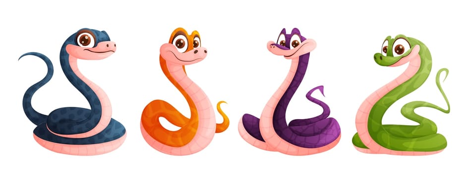 A set of four cute snakes in green, yellow, blue and purple. Funny snake posing. Symbol of the year.