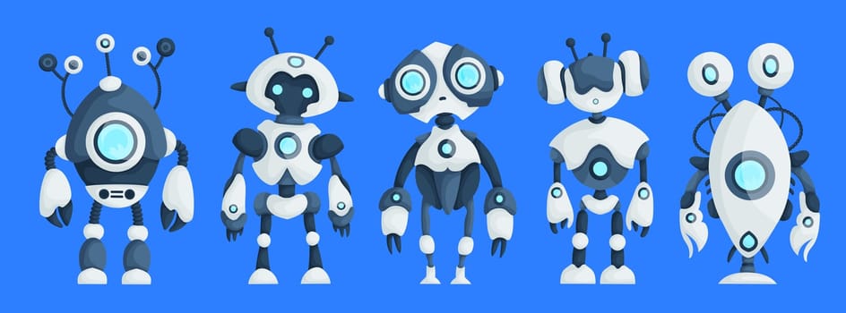 Big Set of Modern Robots Isolated on Blue Background Cute Character Cartoon Artificial Intelligence Concept