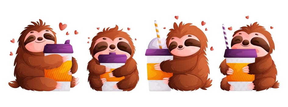 Set of sloths with coffee cups. Sloth hugs a glass of coffee drink. The idea of waking up after drinking an espresso or Americano.