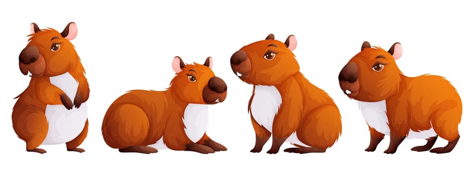 Set of four cute capybaras. Adult capybaras in different poses. Wild animals of South America.