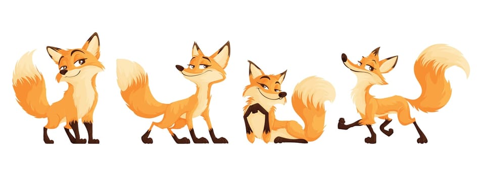 A set of sly foxes. Funny and cunning red fox collection. Animal emotion. Animal character design.