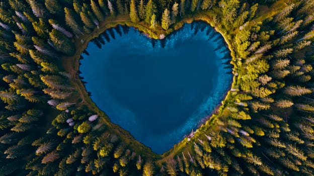 Aerial view of heart shaped lake in the middle of pine tree forest. Concept  of nature conservation,and the protection of forests and woodlands in general. AI generated