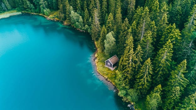 Aerial view of wooden hut in green pine forest by the blue lake. AI generated
