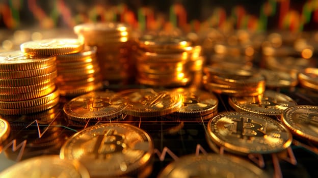 Piles of gold coins with a line chart increasing behind them. Investing in virtual assets. Investment platform with charts and bitcoin coins. AI generated