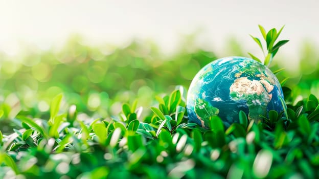 Earth globe in green grass on sunlight. World environment day.Earth day. AI generated