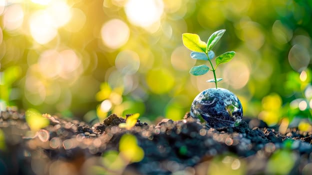 Green young plant growing from an Earth globe. Saving environment, save, protect clean planet and ecology, sustainable lifestyle. AI generated