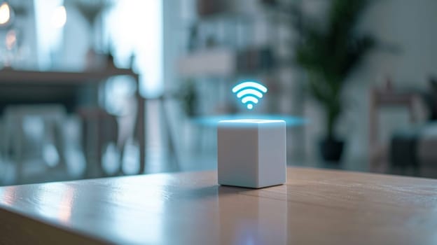 A small cube with a glowing wi-fi sign on top