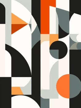 Black and white abstract painting with orange, gray and blue figures.