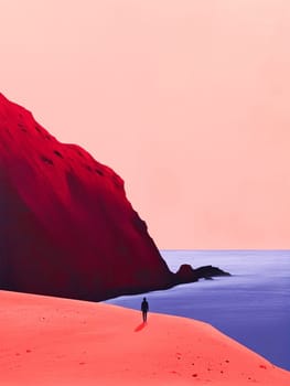 Man walking on beach with red sky and mountains in the background