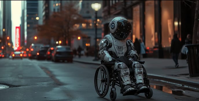 Robot in wheelchair outdoors with cars and buildings