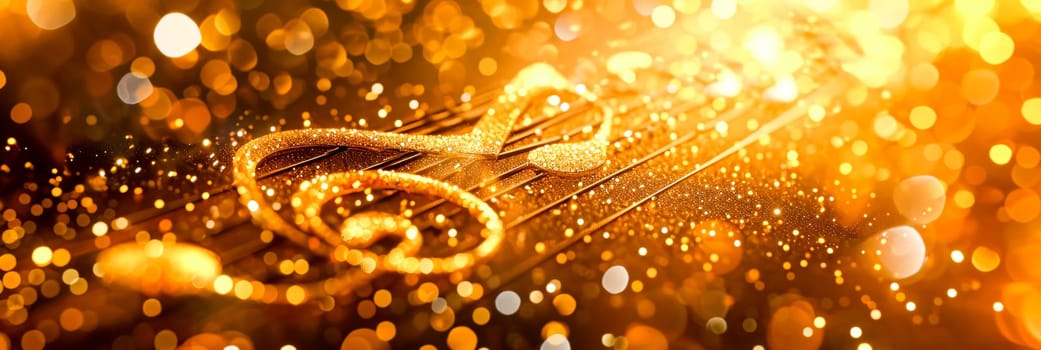 A close up of a musical note on top of some gold glitter