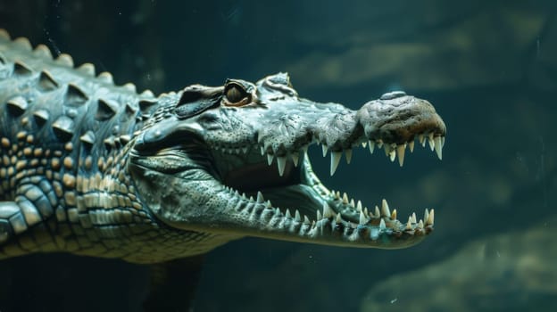 A detailed view of a crocodiles head, showcasing its sharp teeth and powerful jaws as its mouth is wide open. The textured skin and menacing gaze add to the intensity of the scene.
