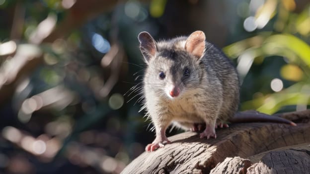 A rat is seen perched on a tree branch, its small paws gripping the bark as it looks around. The rodents fur is a dark gray color, blending in with the shadows cast by the leaves.