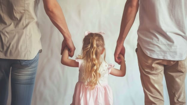 A man and a little girl are holding hands, walking together, showing a bond of trust and care. The mans protective posture and the girls innocent smile convey a sense of connection and guidance.
