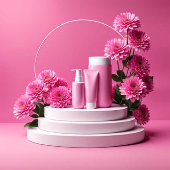 3D pink product podium display with pink flowers and pink background, cosmetics products mockup background,3D render illustration