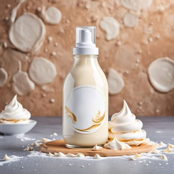 A beautiful mockup of a meringue cream bottle without a label with a place for your inscription, logo or text on a background of splashed cream or other meringue liquid.