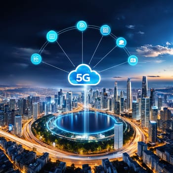 5G wireless network, high speed internet, cloud computing or connect diagram technology, Data storage, service, synchronize, online, financial, Connectivity global, smart city