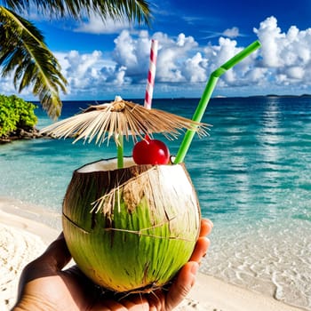 A coconut cocktail with a straw on the palm beach
