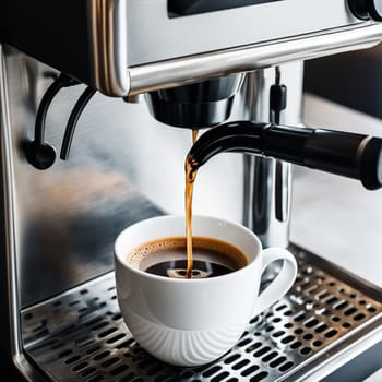 A cup of coffee being poured into a coffee machine. Ideal for illustrating the process of making coffee.