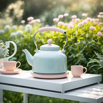 a product podium adorned with a delicate metallic kettle inspired by Dieter Rams, set amidst a garden scene with soft pastel colors and a blurred bokeh background.