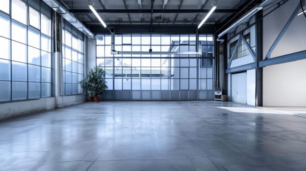 An empty warehouse space with a solitary potted plant placed in the center. The plant stands out against the industrial backdrop of the warehouse, showcasing a stark contrast between nature and man-made elements.