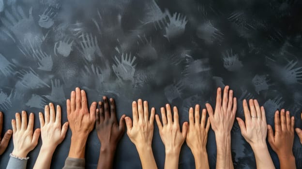 A group of individuals are energetically raising their hands above their heads in an act of unity, enthusiasm, and celebration. They are standing together, showing solidarity and support.