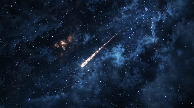 A space shuttle hurtles through the dark night sky, propelled by powerful engines, leaving a trail of fire behind it as it journeys through the stars.