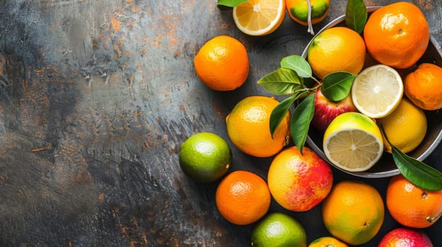 A variety of oranges, lemons, and limes are placed neatly on a wooden table. The vibrant colors of the fruits contrast beautifully with the dark background, creating an eye-catching display. These fresh fruits look ripe and ready to be enjoyed.