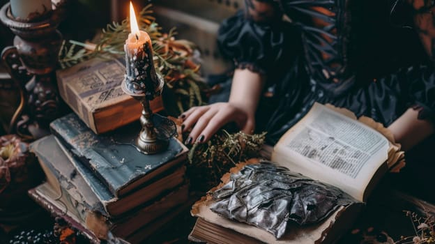 A person is sitting on a stack of books beside a glowing candle. The individual appears to be engaged in reading or studying while the soft light from the candle illuminates the scene.