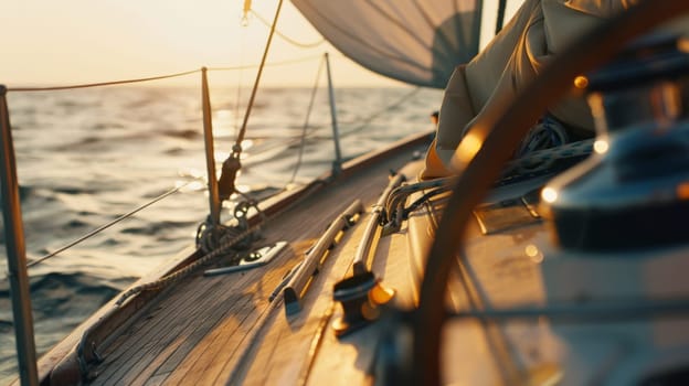 A sailboat is navigating through the vast ocean, with its front facing the viewer. The boats white sails are billowing in the wind as it cuts through the blue waters.