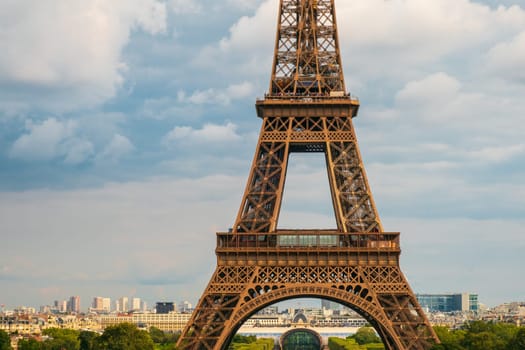 Paris, France - August 29 2023: The Eiffel tower seen from Trocadero in a cloudy day. Photography taken in Paris.