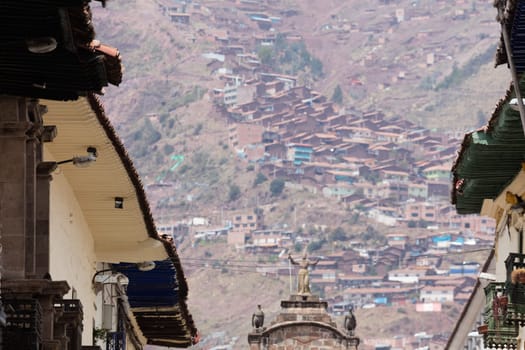 Street scene with a view over the rooftops of Cusco, Peru