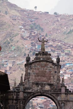 Street scene with a view over the rooftops of Cusco, Peru