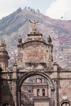 Street scene with a view over the rooftops of Cusco, Peru