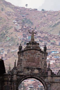 Street scene with a view over the rooftops of Cusco, Peru