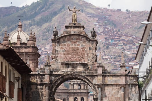 Street scene with a view over the rooftops of Cusco, Peru