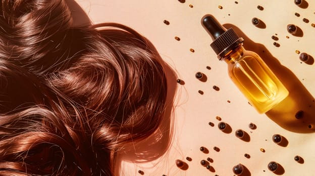 A luxurious hair care serum in a glass bottle placed alongside a lock of healthy hair. AI generated