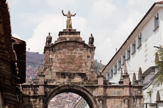Street scene with a view over the rooftops of Cusco, Peru
