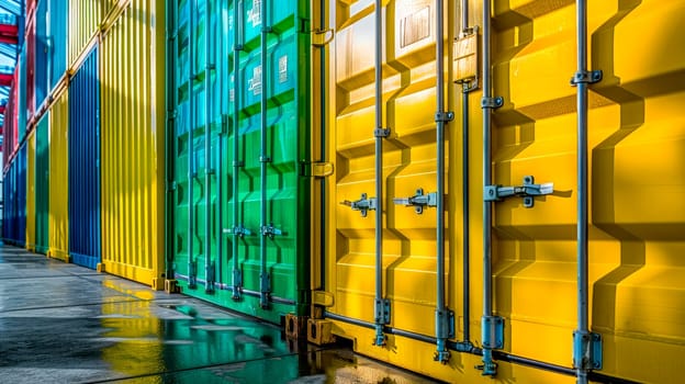 Close up stack of colourful container at storage area ship yard terminal. Logistic concept,international import export commercial. AI generated