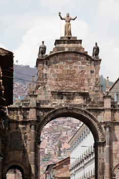 Street scene with a view over the rooftops of Cusco, Peru