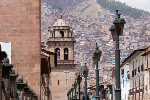 Street scene with a view over the rooftops of Cusco, Peru