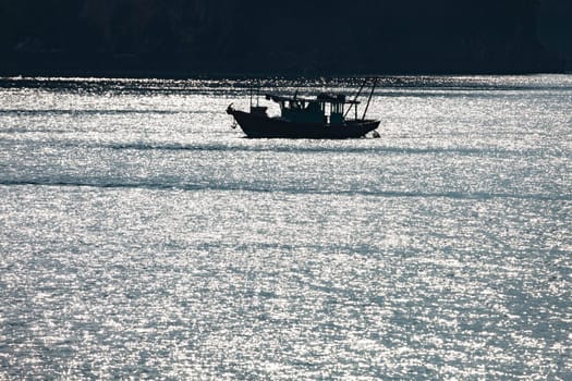 Fisherman in Halong bay, Vietnam. UNESCO World Heritage Site.
