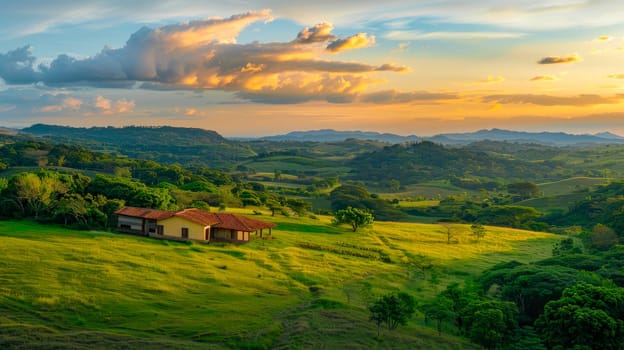 Landscape with an old house standing tall amidst a lush green landscape at evening. AI generated