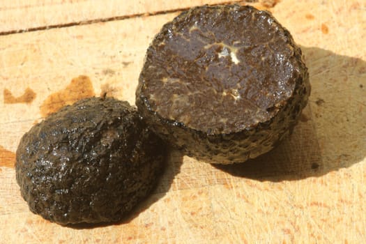 black truffle isolated on a wooden cutting board