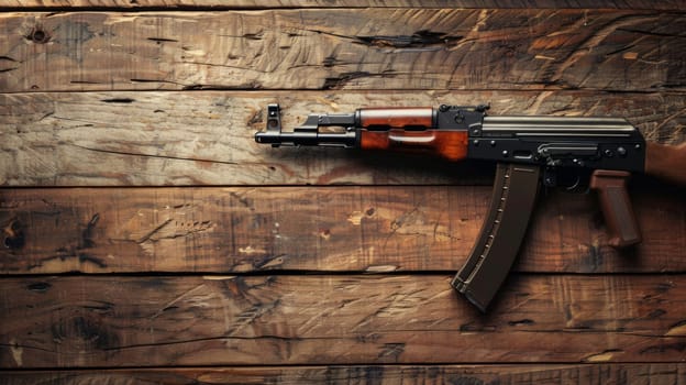 A rifle is securely mounted to a sturdy wooden wall. The weapon is displayed prominently, with the barrel pointing downwards and the stock facing outwards. The arrangement provides easy access to the firearm while keeping it safely stored.