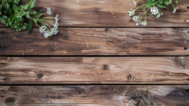 A close-up view of various colorful flowers displayed on a wooden surface. The petals and stems are detailed and vibrant, adding a natural touch to the setting.