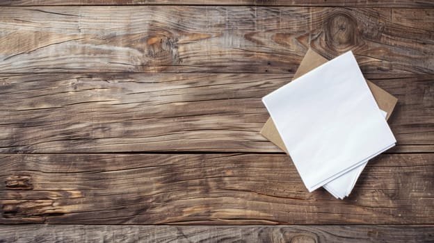 A white piece of paper rests neatly on a brown wooden table, creating a contrasting yet harmonious composition. The tables texture adds depth to the scene, emphasizing simplicity and functionality.